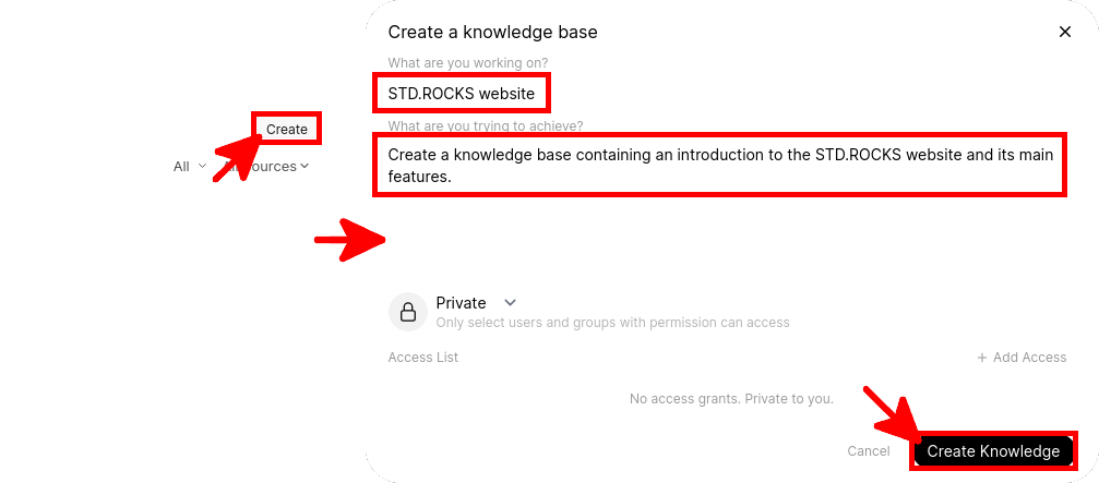 Open WebUI dialog for creating a Knowledge Base with the name STD.ROCKS website, a description of its purpose, private access permissions, and the Create Knowledge button