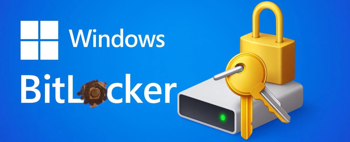Windows BitLocker illustration with a hard drive, lock and key