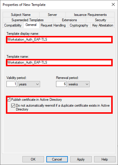 Screenshot of the Properties of New Template window in AD CS, showing the template name and display name set to EAP-TLS with validity and renewal periods.
