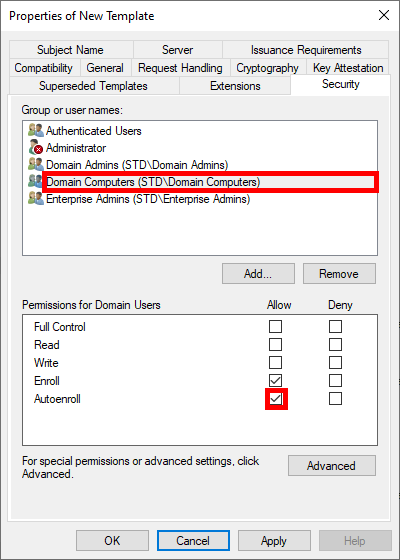 Screenshot of the Properties of New Template window in AD CS, showing security settings where Domain Computers are granted Enroll and Autoenroll permissions.