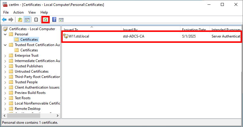 Certificate Manager showing a successfully installed certificate in the 'Personal > Certificates' section. The certificate 'W11.std.local' issued by 'std-ADCS-CA' with expiration date '5/1/2025' is highlighted.