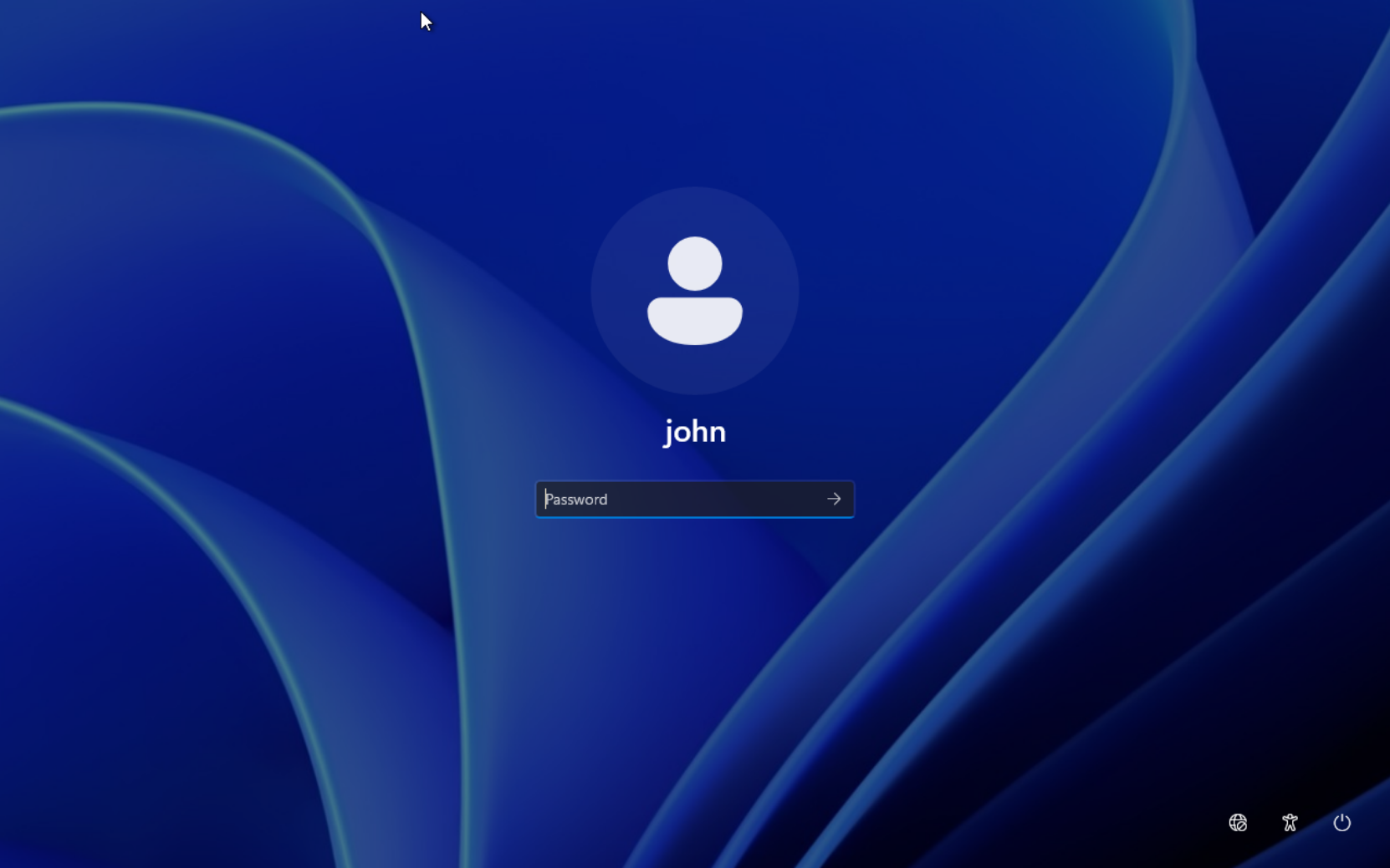 Windows 11 login screen showing a local user account requiring a password