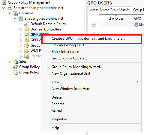 Group Policy Management interface showing the option to create and link a GPO to an organizational unit.