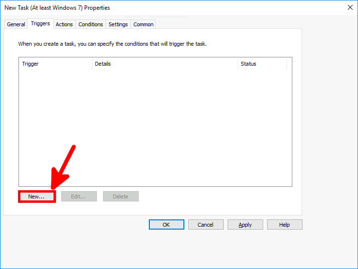 Triggers tab in Task Properties window with the 'New' button highlighted.