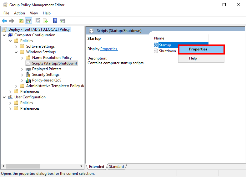 Group Policy Management Editor with 'Startup' script selected and 'Properties' option highlighted