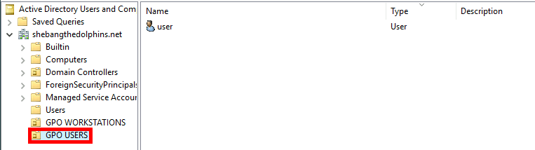 Active Directory Users and Computers with 'GPO USERS' OU selected and a user listed.