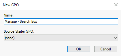 New GPO dialog with 'Manage - Search Box' as the name and no starter GPO selected.