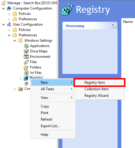 Group Policy Management Editor showing how to create a new Registry Item under User Configuration.