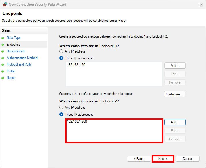 IPsec configuration wizard showing selected IP addresses for Endpoint 1 and Endpoint 2 on Windows