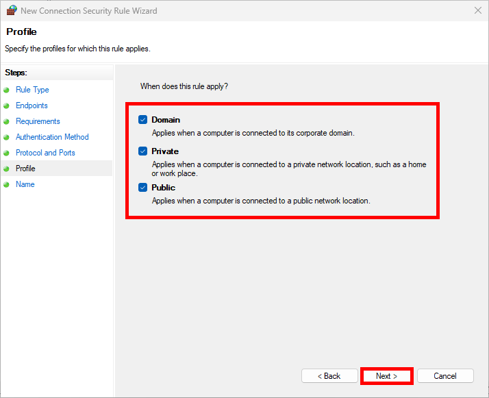 Windows Firewall IPsec rule wizard showing selected network profiles: Domain, Private, and Public