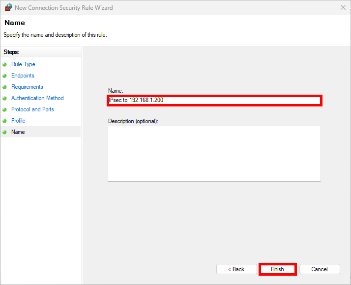 Final step of IPsec rule creation in Windows Firewall showing rule name 'IPsec to 192.168.1.200'