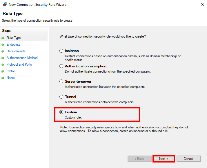 Selecting the Custom rule type in the Windows Firewall security rule wizard for IPsec setup