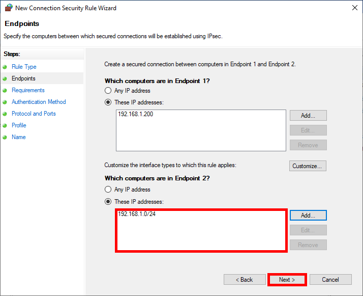 Defining IP address and subnet ranges as endpoints for a Windows IPsec security rule