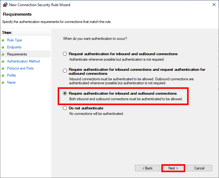 Windows IPsec rule configuration requiring authentication for both inbound and outbound connections