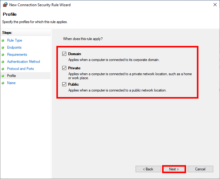IPsec rule profile selection screen with domain, private, and public network types enabled
