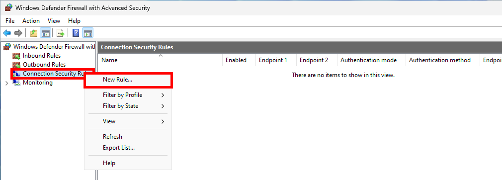 Windows Defender Firewall showing context menu to create a new connection security rule under Connection Security Rules
