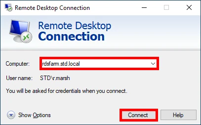 Remote Desktop Connection window with 'rdsfarm.std.local' entered in the 'Computer' field.
