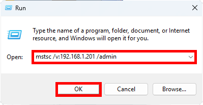 Run dialog with the command 'mstsc /v:192.168.1.201 /admin' entered.