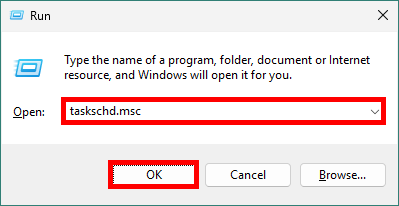 Run window showing the taskschd.msc command to open Windows Task Scheduler