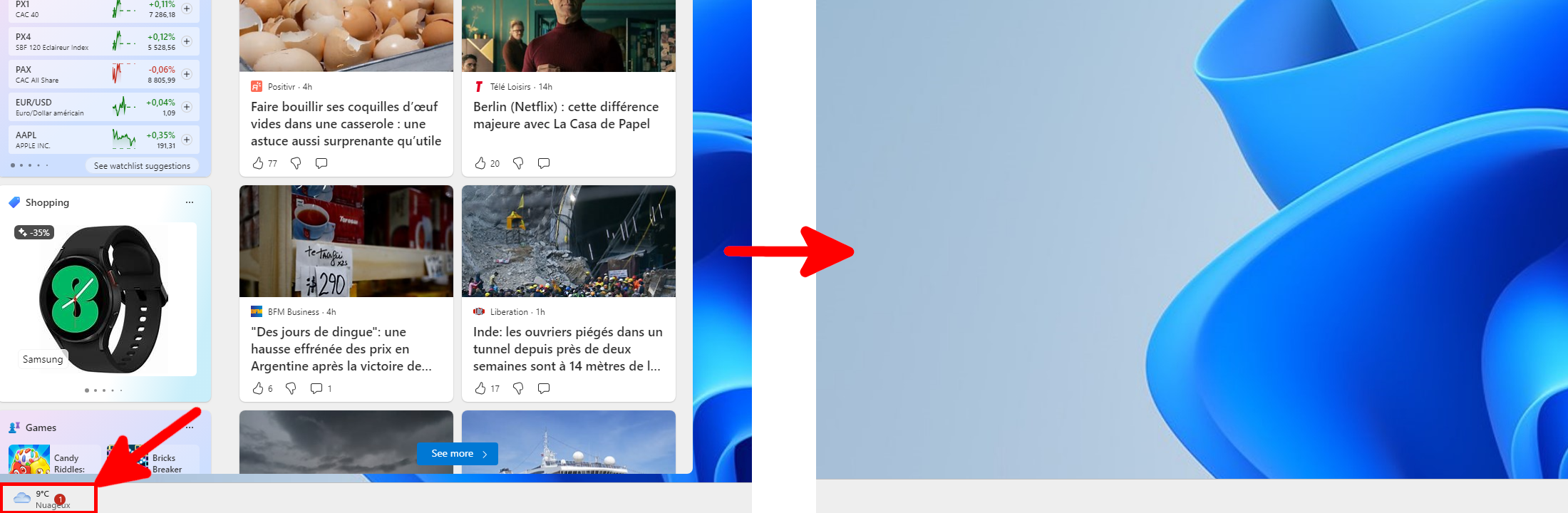Comparison of the Windows 11 desktop before and after disabling widgets from the taskbar.