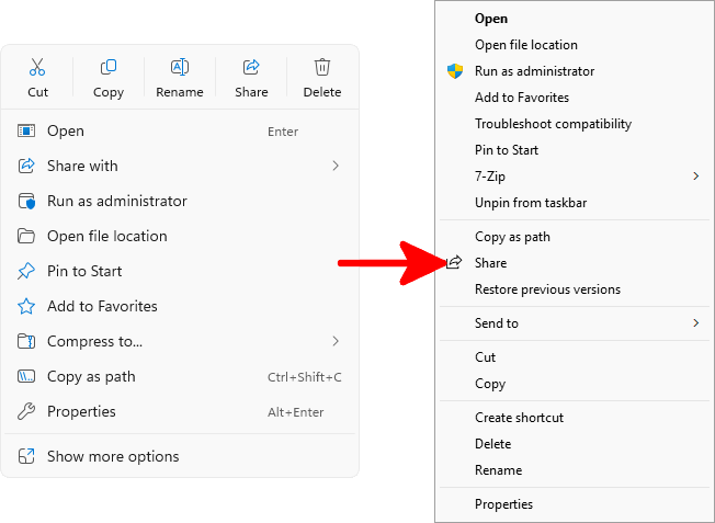 Comparison between the default Windows 11 right-click menu and the legacy Windows 10-style context menu.