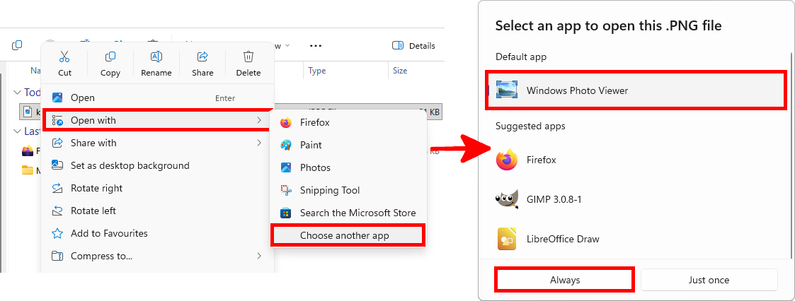 Windows 11 showing how to open an image file with Windows Photo Viewer and set it as the default app.