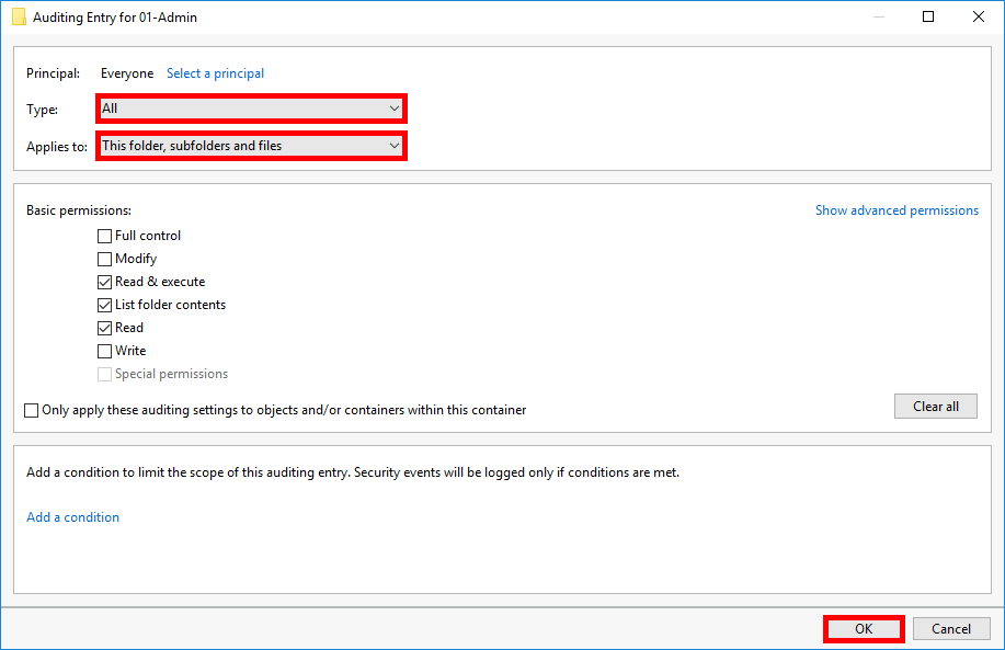In the Auditing Entry for 01-Admin window, choose All and This folder, subfolders and files to apply the Windows file auditing rule to all contents