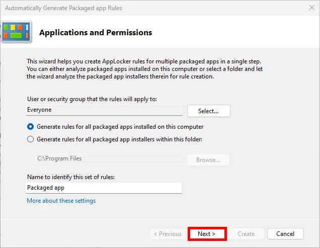 Automatically Generate Packaged app Rules wizard - default settings step