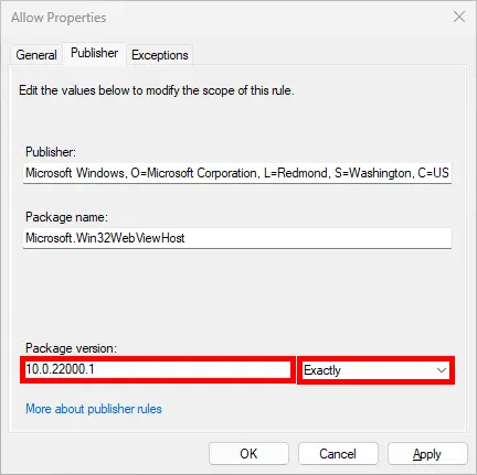 Example of a version-specific AppLocker rule in the raw XML export