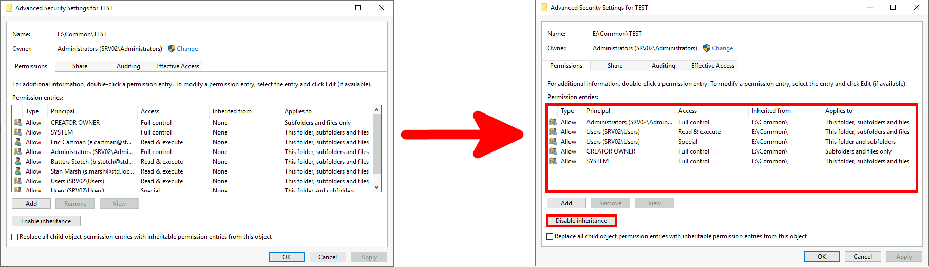 Windows Security Settings showing the modification of permission entries with inheritance disabled for a folder in a network environment.