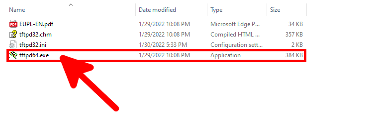 Windows File Explorer showing the extracted files of Tftpd64, with a red arrow pointing at tftpd64.exe, ready to be launched.