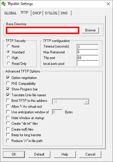 Tftpd64 settings window displaying TFTP configuration options, including the Base Directory path selection and security settings.
