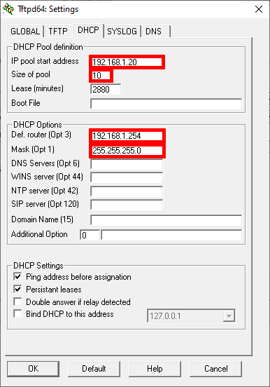 Tftpd64 DHCP settings window showing the IP pool start address, subnet mask, default gateway, and DHCP options configuration.