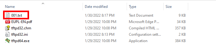 Windows File Explorer displaying the file '001.txt' transferred via Tftpd64, confirming a successful TFTP file transfer.