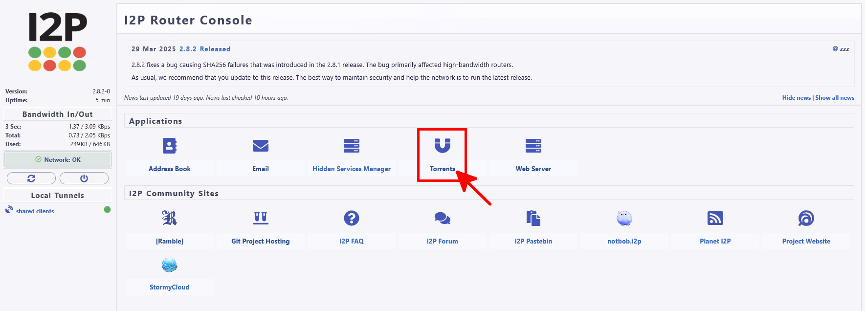 I2PSnark access via I2P Console menu