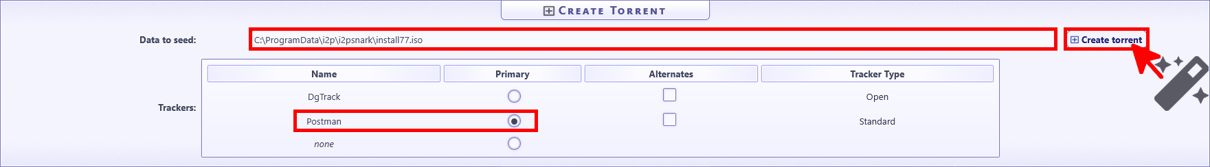 Create torrent screen in I2PSnark with file path and tracker