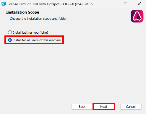 Eclipse Temurin JDK setup installation scope screen with option to install for all users selected