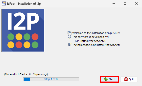 I2P installer welcome screen showing version 2.8.2 and Next button highlighted