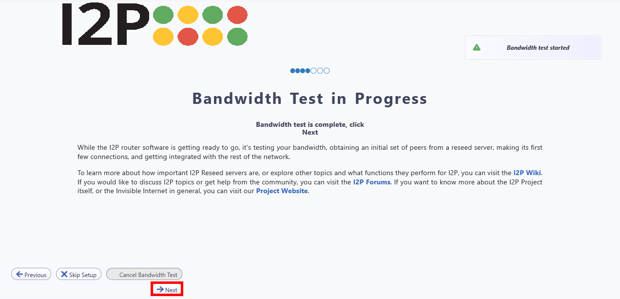 I2P setup screen showing bandwidth test in progress with Next button highlighted