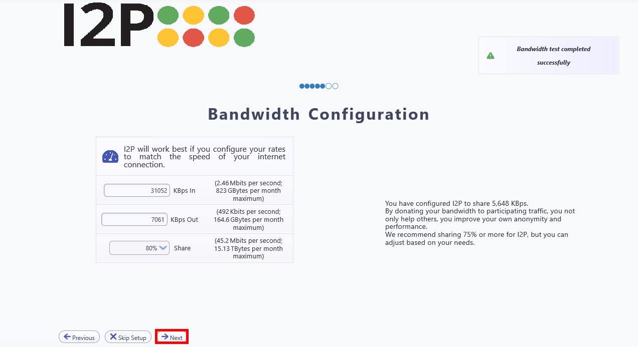 I2P setup screen showing bandwidth configuration results with input/output rates and Next button highlighted