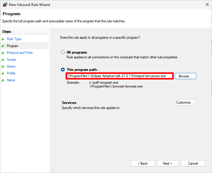 Windows Firewall rule wizard with program path to javaw.exe specified for Eclipse Temurin JDK