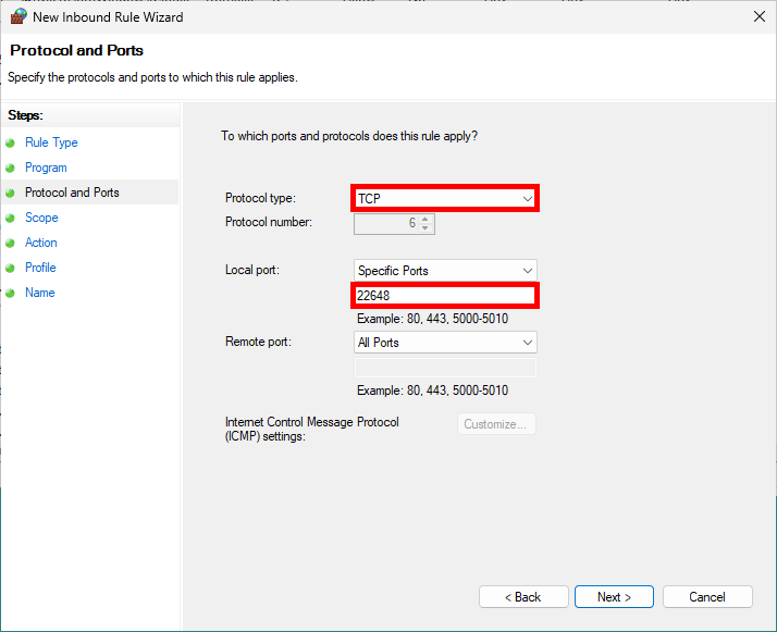 Windows Firewall rule wizard with TCP selected and local port 22648 specified