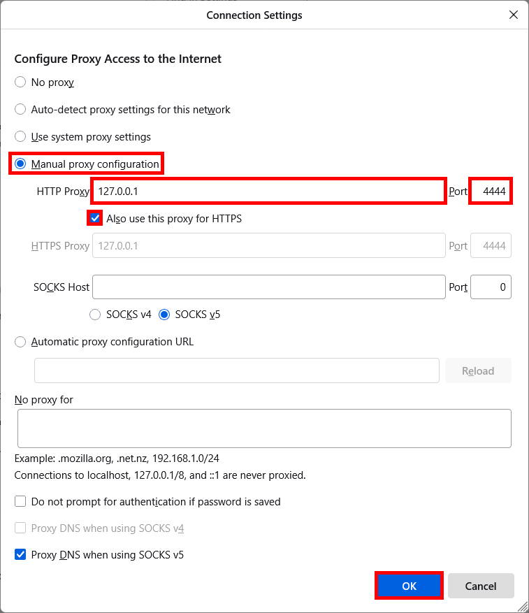 Firefox proxy settings window showing manual proxy configuration with HTTP and HTTPS proxy set to 127.0.0.1 and port 4444, SOCKS v5 selected, and DNS proxy for SOCKS v5 enabled