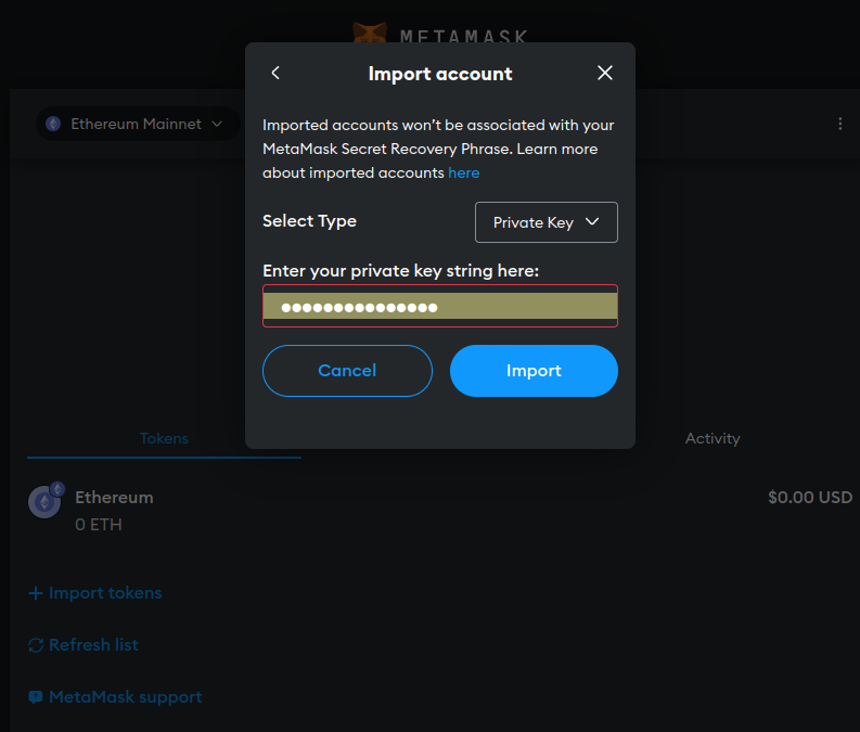 Import private key step from MetaMask
