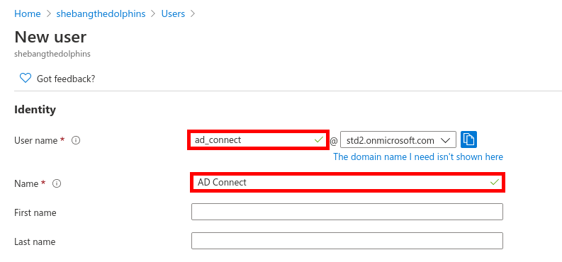 Azure Portal | Create a new user, set user name and Name