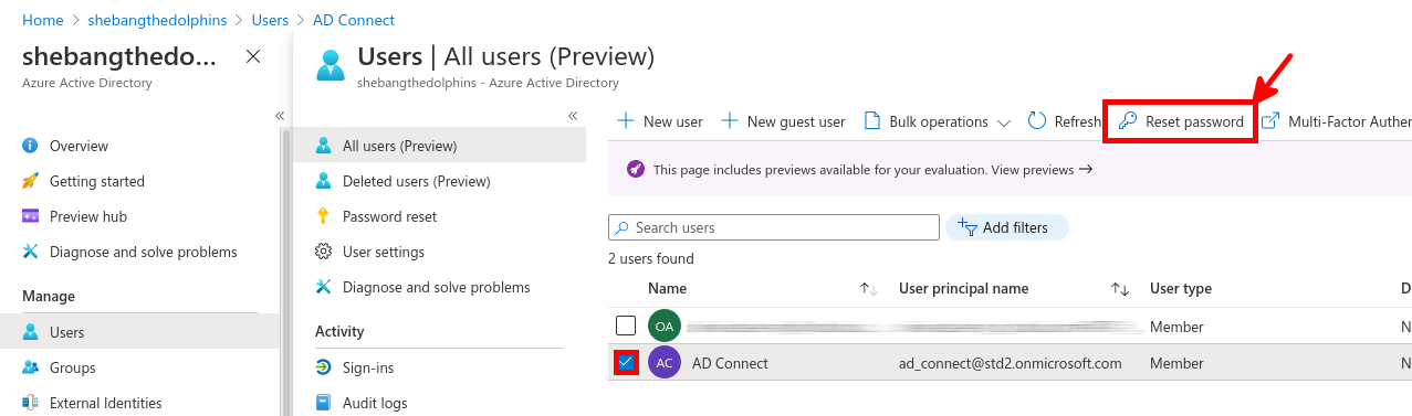Azure Portal | Reset password window.