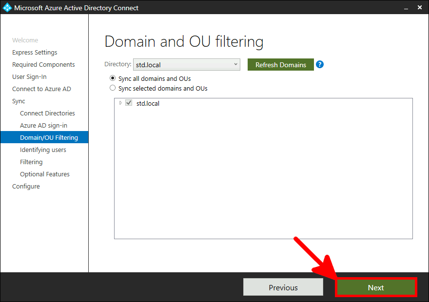 Azure AD Connect Installation | Domain and OU filtering.