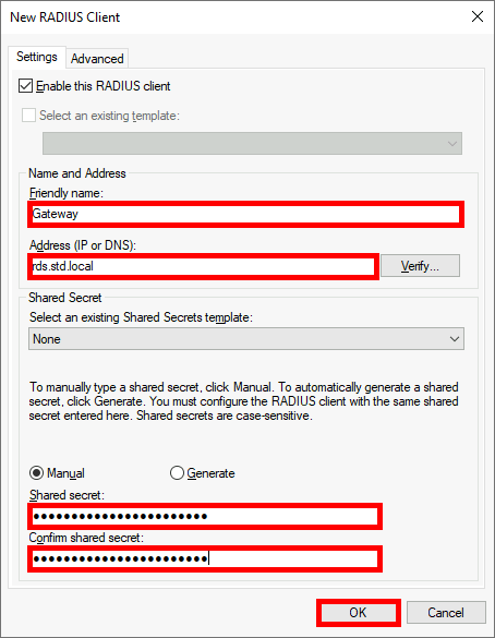 NPS Console | New RADIUS Client Settings