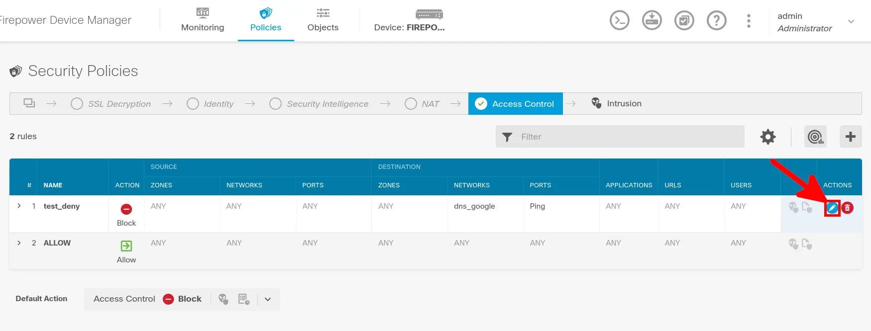 Cisco Firepower interface highlighting the edit icon for a firewall rule under Access Control policies