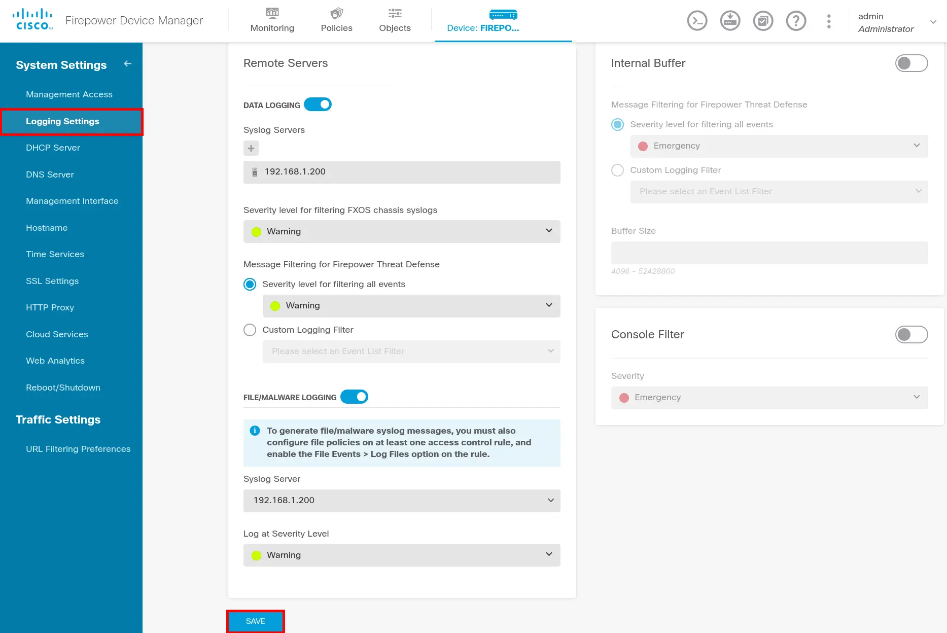 Cisco Firepower logging configuration showing syslog server, severity levels, and file/malware logging options
